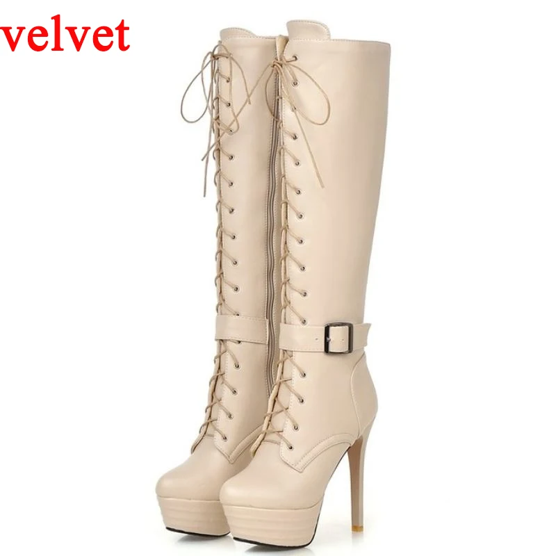 Haoshen&Girl PU Leather Shoes Women Knee High Lace up Boots 13cm High Heels Platform Stiletto Heel Sexy Booties Plus Size 3-11.5 - Цвет: Beige Velvet