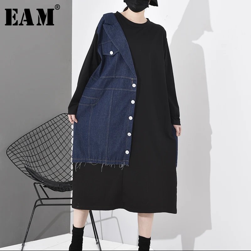 [EAM] Women Black Denim Button Split Big Size Dress New Round Neck Long Sleeve Loose Fit Fashion Tide Spring Autumn 2020 1S028