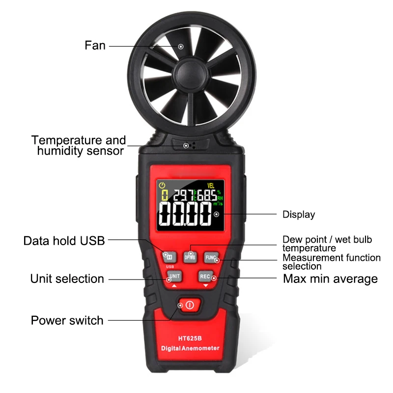 Портативный ЖК-цифровой анемометр, термометр, измеритель скорости ветра, измеритель скорости ветра, инструмент для тестирования HT625B PUO88