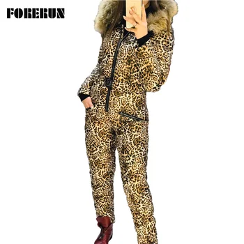 

FORERUN Snake Print Winter Jumpsuit Women Ski Suits Cotton Padded Romper One Piece Jumpsuits Parkas Overalls Snowboard Jacket