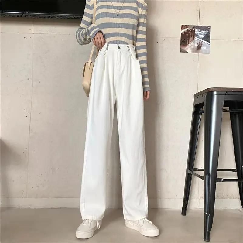 Womens Jeans Waistline Street-Style Loose Straight High with Buckle Adjustable Retro
