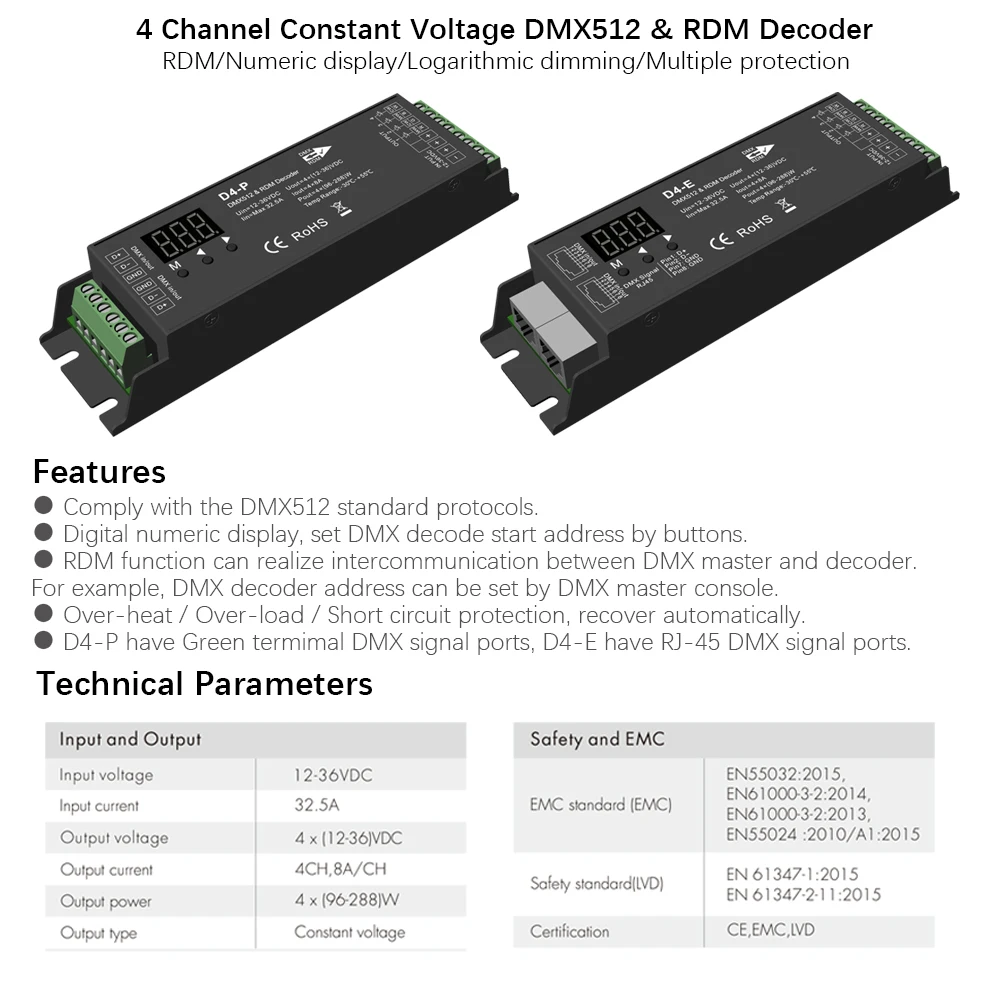 Декодер для светодиодных лент 4 канала 8A 1152 Вт постоянное напряжение DMX512 и RDM|decoder