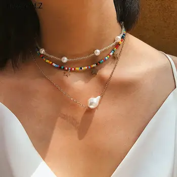 

IngeSight.Z Boho Multi Layer Colorful Seed Bead Choker Necklace Collar Statement Imitation Pearl Pendant Necklace Women Jewelry
