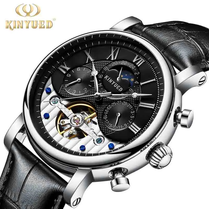 Silver Black KINYUED Moon Phase Skeleton часы мужские классические вечный календарь Турбийон Механические часы автоматические мужские s erkek kol saati - Цвет: Silver Black
