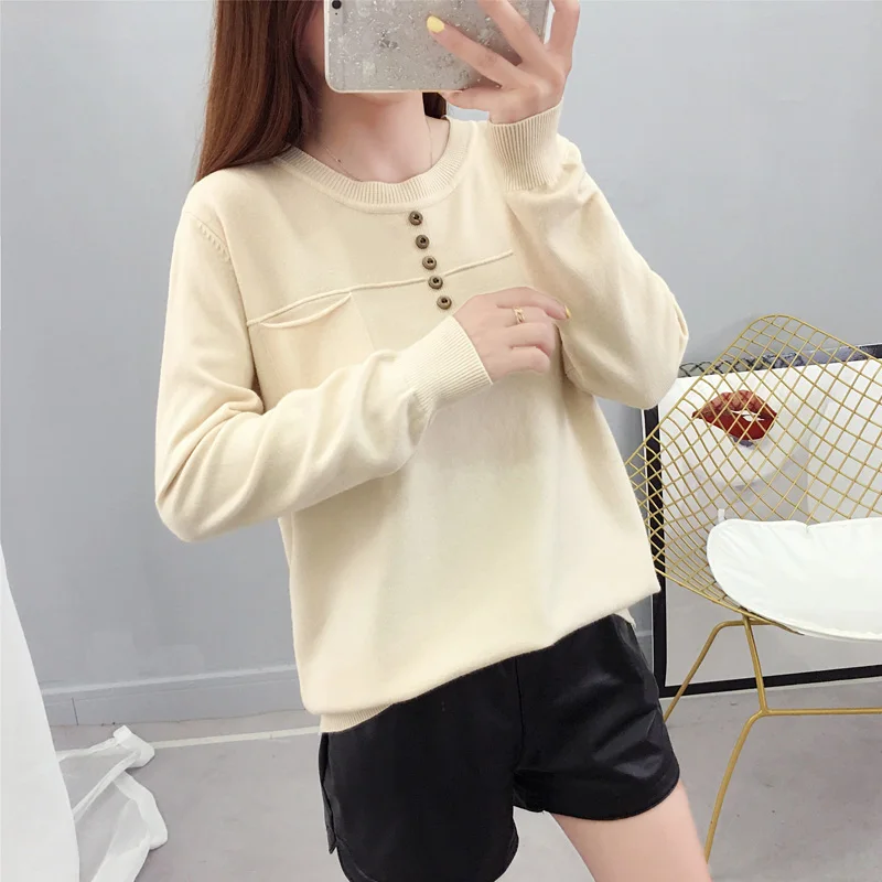 

Korea Autumn Winter Loose Elastic Pullovers Sweaters Women Spring Sexy Pockets Apricot Knitted Sweater Female Soft Jumper