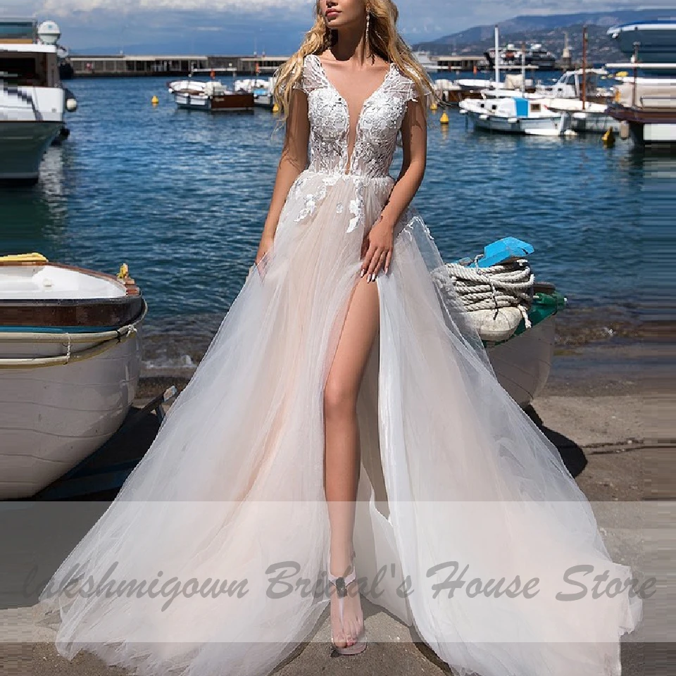 champagne lining Пикантные туфли для невесты, свадебное платье-бохо Пляжные Свадебные платья Vestidos de Novia V образным вырезом кружевное свадебное платье Кепки Рубашка с короткими рукавами - Цвет: champagne lining