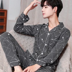 Spring Autumn Pajama Sets Suit Knitted Cotton Casual Long Sleeve Sleepwear Plaid Home Wear Plus Size Comfortable Pajamas For Men