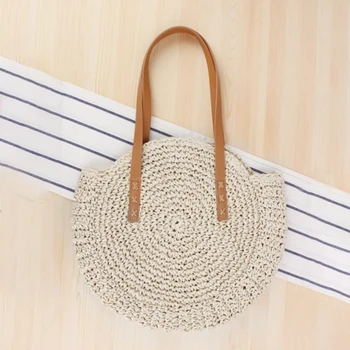 

Women Beach Bag Summer Purse Large Capacity Single Shoulder Round Straw Fashion Hand Woven Handbag Pouch Crochet Lovely Girls