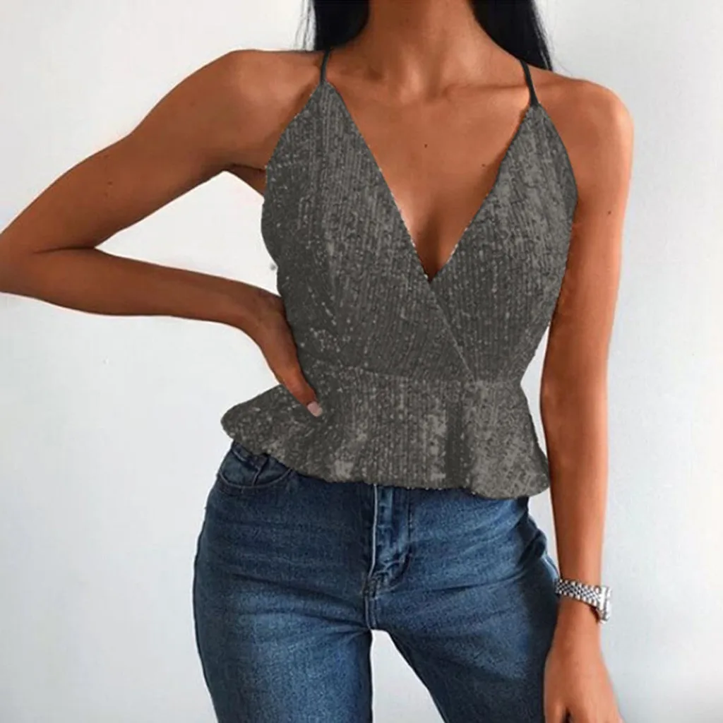 Кроп Топы женские майки, топы, сорочки Bling Блеск ночной клуб Slim Fit без рукавов Strappy Sparkly Глубокий V жилет с оборкой Клубная майка