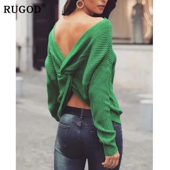 

Rugod Vintage Sexy Backless knitted Sweaters women Korean V neck auturm Cross Back Jumpers Pull Femme Fashion solid pullovers