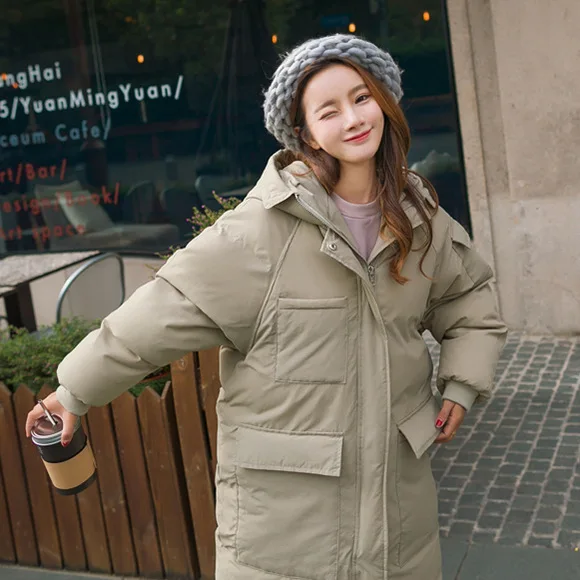 

Winter Thick Warm down Jacket Cotton-padded Clothes Women's College Style Large Pocket Mid-length Hooded Cotton Overcoat