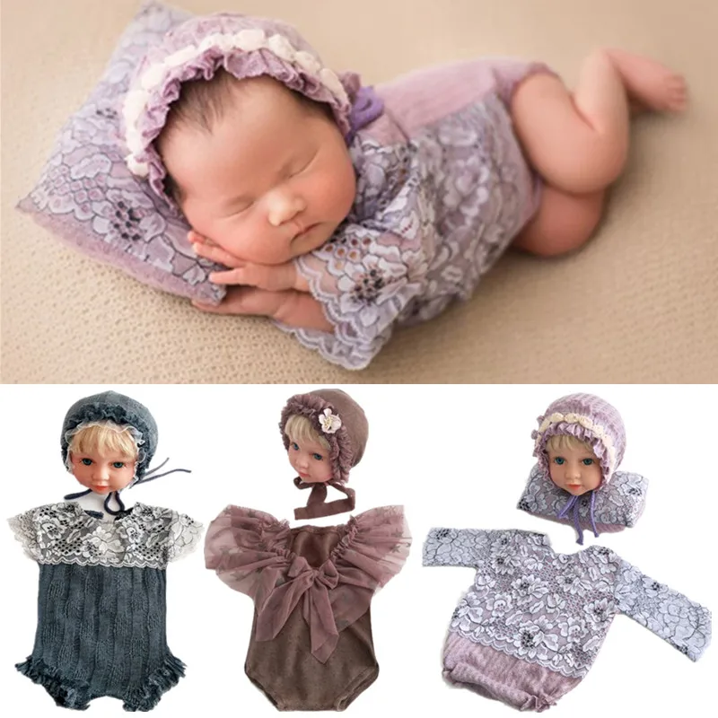 

3 Pcs/2pcs Newborn Month Photography Suits Baby Girls Boys Photo Props Infants Lace Cap Pillow Clothes Set