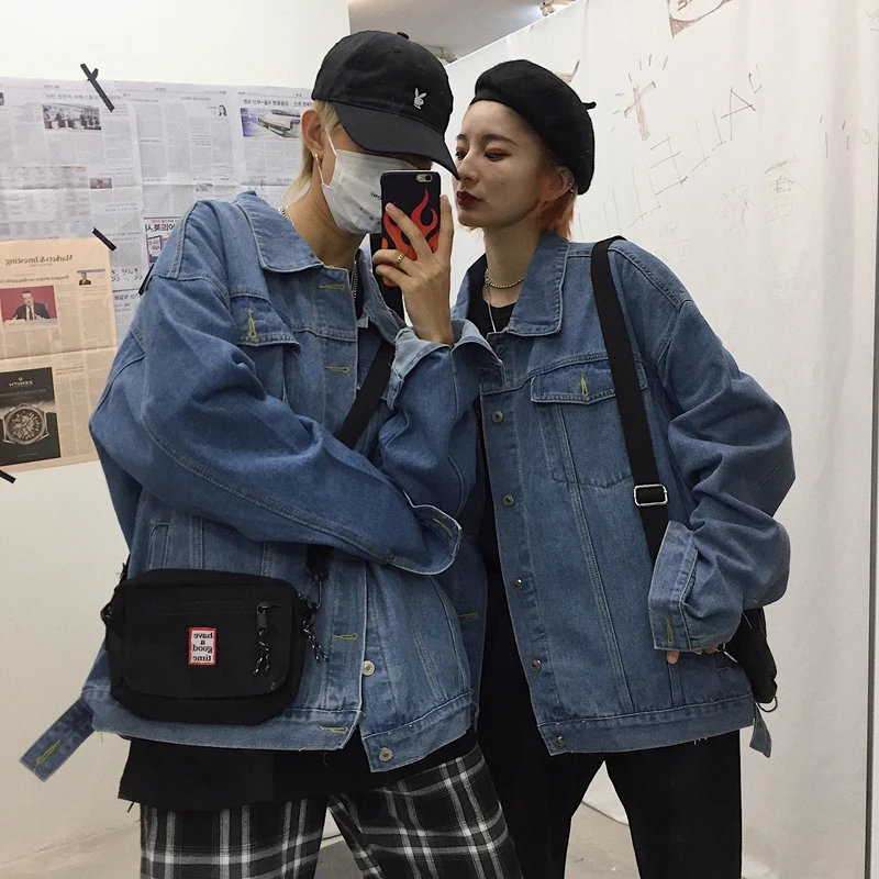 Осень корейский стиль Ulzzang Harajuku BF Стиль уличное винтажное джинсовое пальто свободного кроя Классические Куртки для пар мужчин и женщин