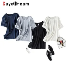 Aliexpress - SuyaDream Women Solid Blouse 95%Silk 5%Spandex Satin O neck Short Sleeved Chic Blouse Shirt 2021 Spring Summer Navy Silk Top