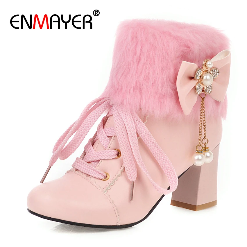 

ENMAYER Bow Round Toe Square Heel PU Ankle Boots for Women Pearl Solid Short Plush String Bead Rhinestone Pink Boots Metal Chain