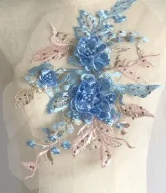 pink blue Вышивка кружевная лента свадебная ткань для костюма платье Декор шитье на 3D цветок кружева тканевые патчи ремесла аксессуары - Цвет: pink blue