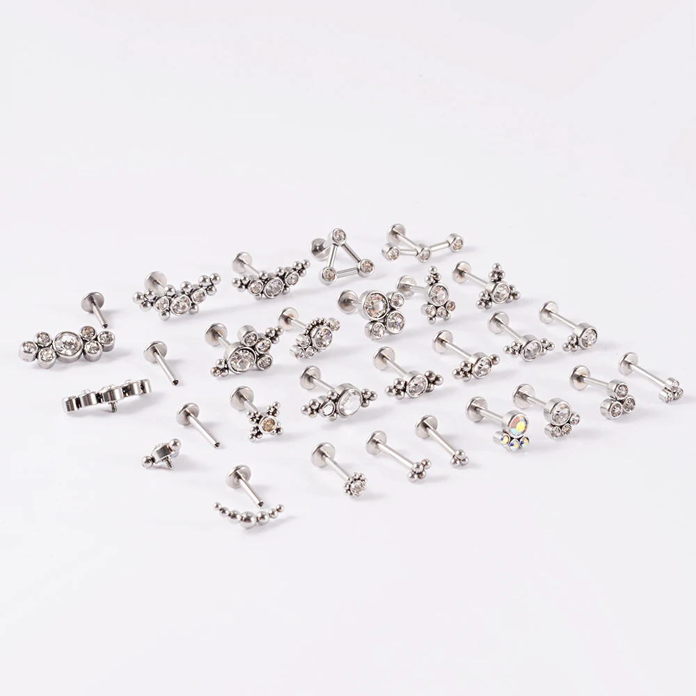 12PCS G23 Titanium&Steel 16G Cz Labret Lip Ring Crystal Cluster Ear Cartilage Tragus Helix Earrings Piercing Screw Fit Top 16g