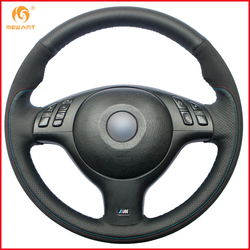 Mewant Black Genuine Leather Black Suede Car Steering Wheel Cover For