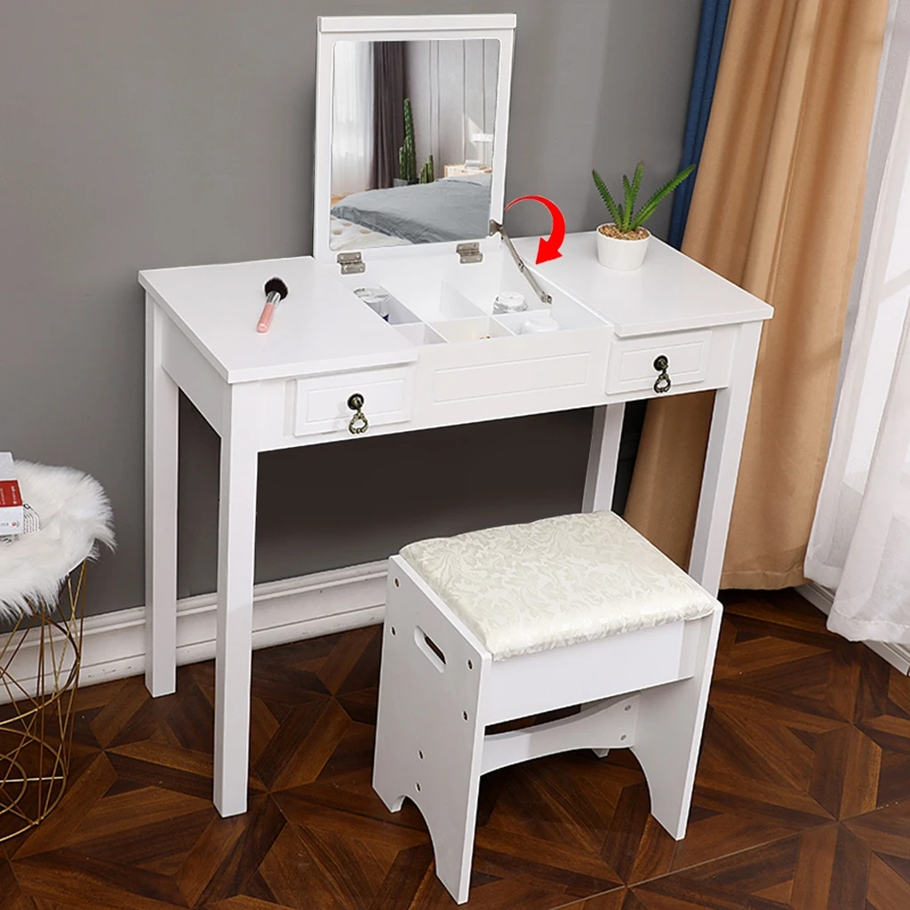 

Vanity Set with Flip Top Mirror Makeup Dressing Table Writing Desk with 2 Drawers Cushioned Stool 3 Removable Organizers for Bed