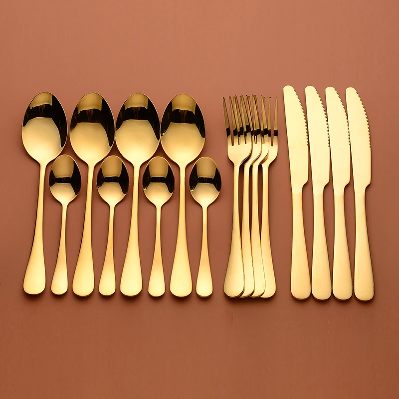 Juego de cubiertos dorados, tenedores, cucharas, vajilla de acero inoxidable, juego de cena dorado, vajilla completa, cuchara dorada