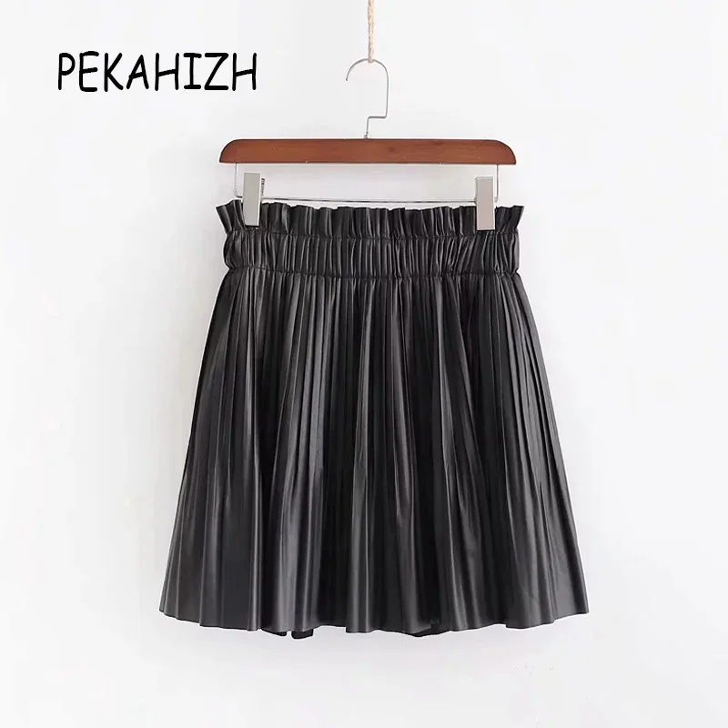Сексуальные эластичные женские плиссированные юбки с высокой талией винтажная черная кожаная юбка из pu искусственного меха уличная Женская мини-юбка faldas mujer