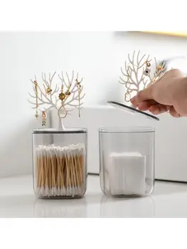 

Transparent Cotton Swab Pad Storage Box Earrings Necklace Ring Bracelet Jewelry Display Stand Organizer