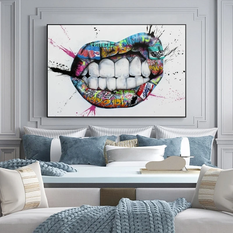 

Graffitti Art Inspiration Lips Canvas Posters and Prints Street Wall Art Canvas Paintings Mouth Pictures for Living Room Decor