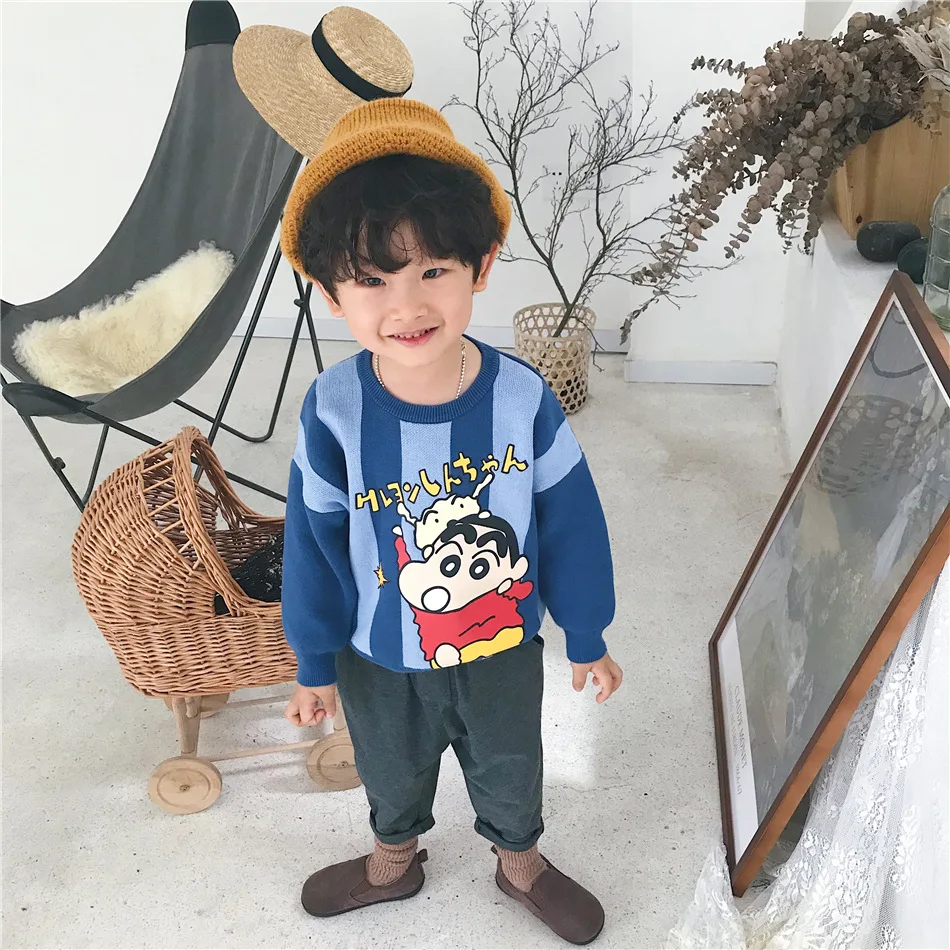 Tonytaobaby/новая осенне-зимняя одежда для мальчиков и девочек; детская одежда; свитер из чистого хлопка в полоску с рисунком; детские свитера