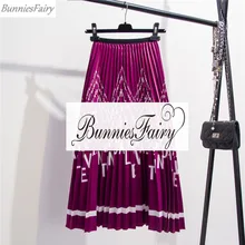 BunniesFairy, Женская богемная сатиновая плиссированная юбка средней длины с цветочным принтом и буквами, эластичная талия, блестящий орган, для пляжного отдыха