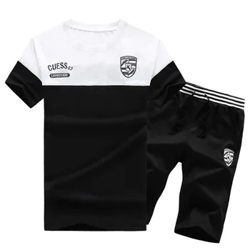 

Men's Sports Running Short Sleeve Shorts Suit Splicing Men T Shirt Suit Five Points Pants Sportswear