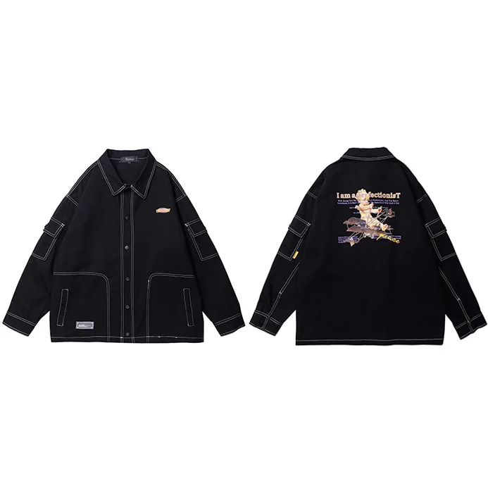 B42F011 Black Мужская куртка-карго в стиле хип-хоп, уличная куртка в стиле Харадзюку, ретро, ветровка, детская белая куртка с принтом самолета, осенняя уличная одежда - Цвет: B42F011 Black