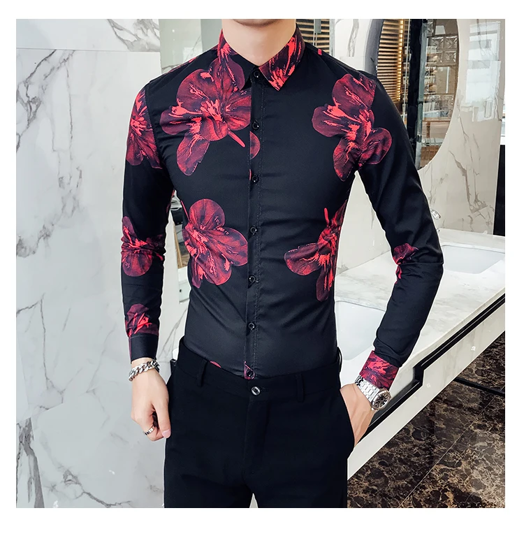 Camisa, мужская рубашка с длинным рукавом и цветочным принтом, городская одежда для мужчин, Клубные, вечерние, свадебные рубашки для мужчин