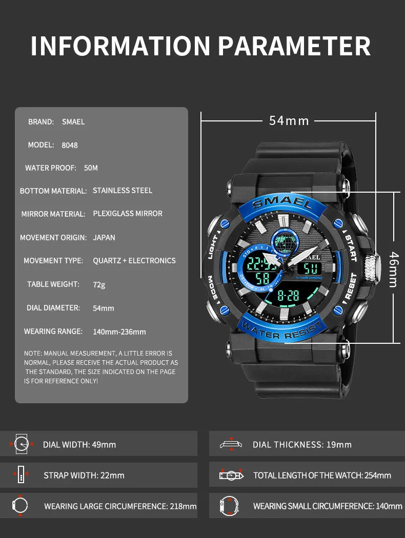 SMAEL Military Watches Men Sport Watch Waterproof Wristwatch Stopwatch Alarm LED Light Digital Watches Men's Big Dial Clock 8048