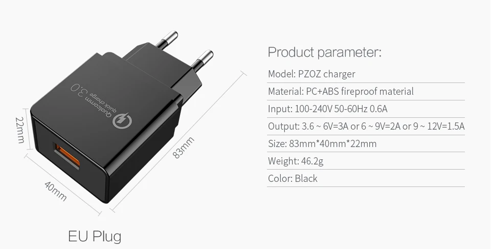 PZOZ usb зарядное устройство eu настенная вилка Быстрая зарядка QC 3,0 Портативный 18 Вт универсальный адаптер для мобильного телефона для xiomi huawei p10 lg g6