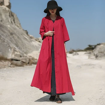 

NINI WONDERLAND 2020 Spring V Neck Trench Coat Women Solid Cotton Linen Vintage Cardigan Autumn Long Outerwear dress Big Size