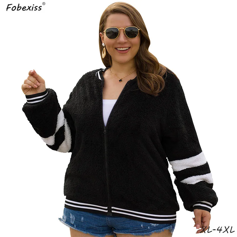 

Black Faux Fur Baseball Jacket Plus Size 4XL Zipper Fuzzy Teddy Coat Streetwear 2019 Autumn Winter New Fashion Warm Jacket Women