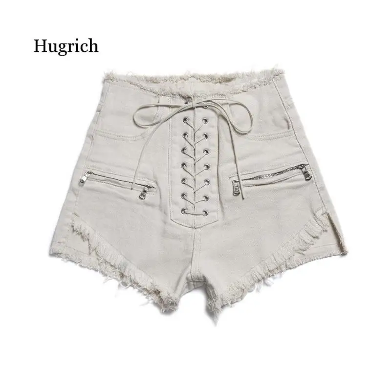 Women Stylish Summer Denim Shorts Lace Up High Waist Pockets Female Casual Streetwear White Short Jeans 2021