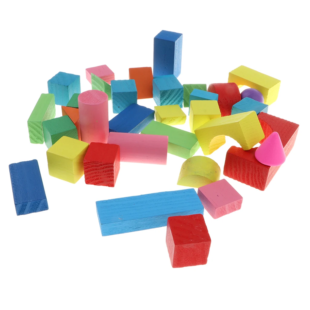 34Pcs Classic Wooden Building Blocks Set w/Basic Build & Play Stacking Toy