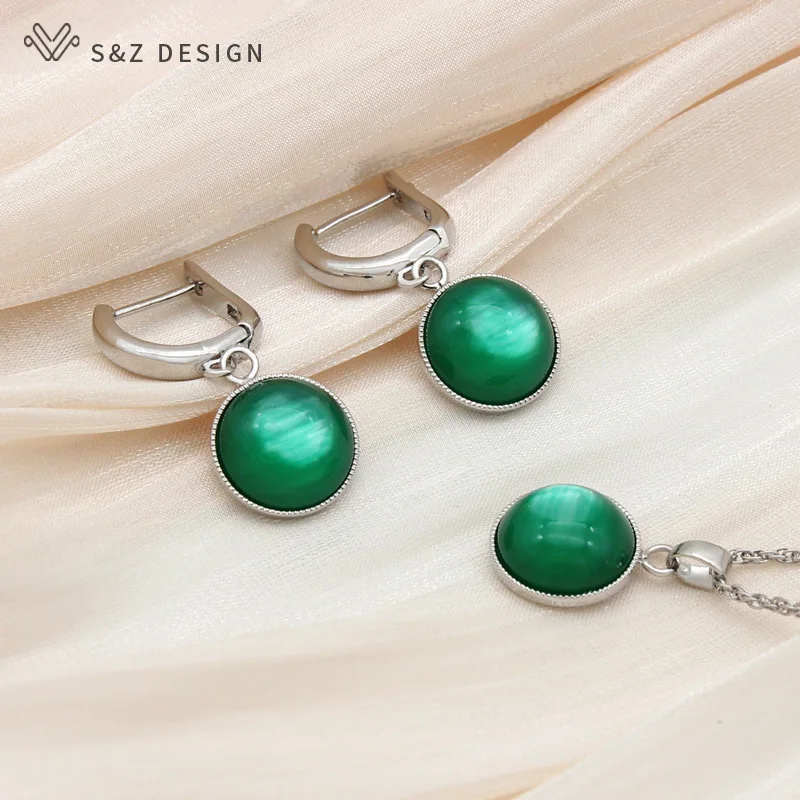 S&Z DESIGN New Fashion Round Dangle Earrings Jewelry Sets For Women Party 585 Rose Gold Color Pendant Necklace