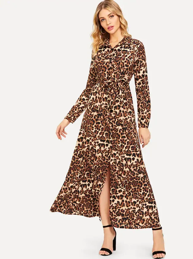 

leopard dress long sleeve autumn bow tie sashes casual maxi dresses for women robe femme vestidos largos verano 2019 Robe