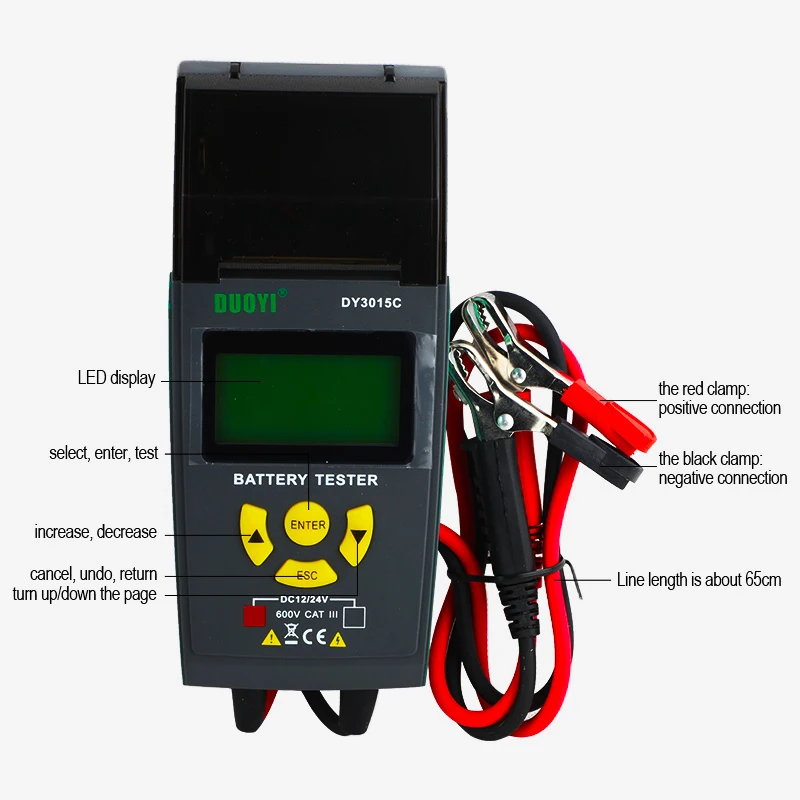 DUOYI DY3015C 자동차 배터리 테스터 12V UPS 및 12V&24V 배터리 분석기 CCA 프린터 포함 다국어 지원 6개 언어 옵션