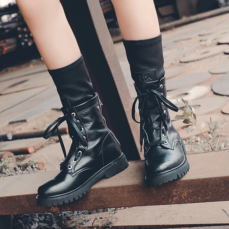 

Rock Shoes Woman Autumn Boots Luxury Designer Low Heels booties Booties Ladies Round Toe Lace Up Martins Fashion Rubber Mid