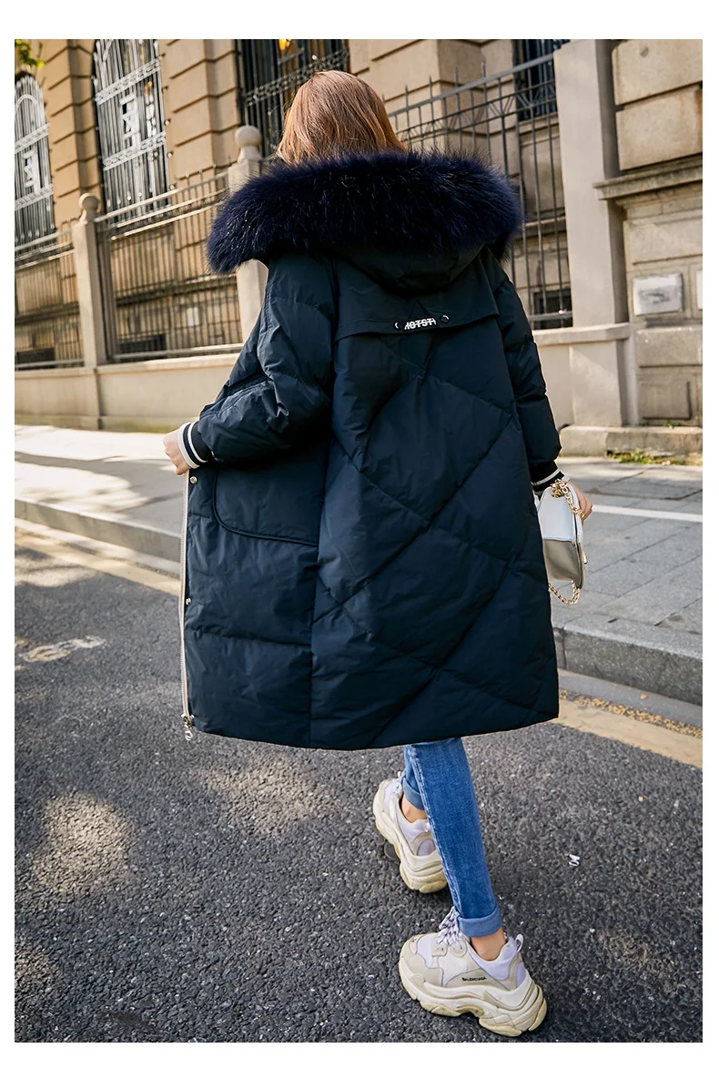 Down Jacket Women's New Style Korean-style Slim Fit Slimming Mid-length over-the-Knee Hooded Thick Large Fur Collar down Fe