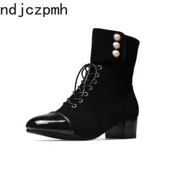 

Boots Women New Fashion Autumn and Winter Square Head Lace Up Pearl Mid Heel Middle Tube Women's Shoes Plus Size 32-47 4cm High