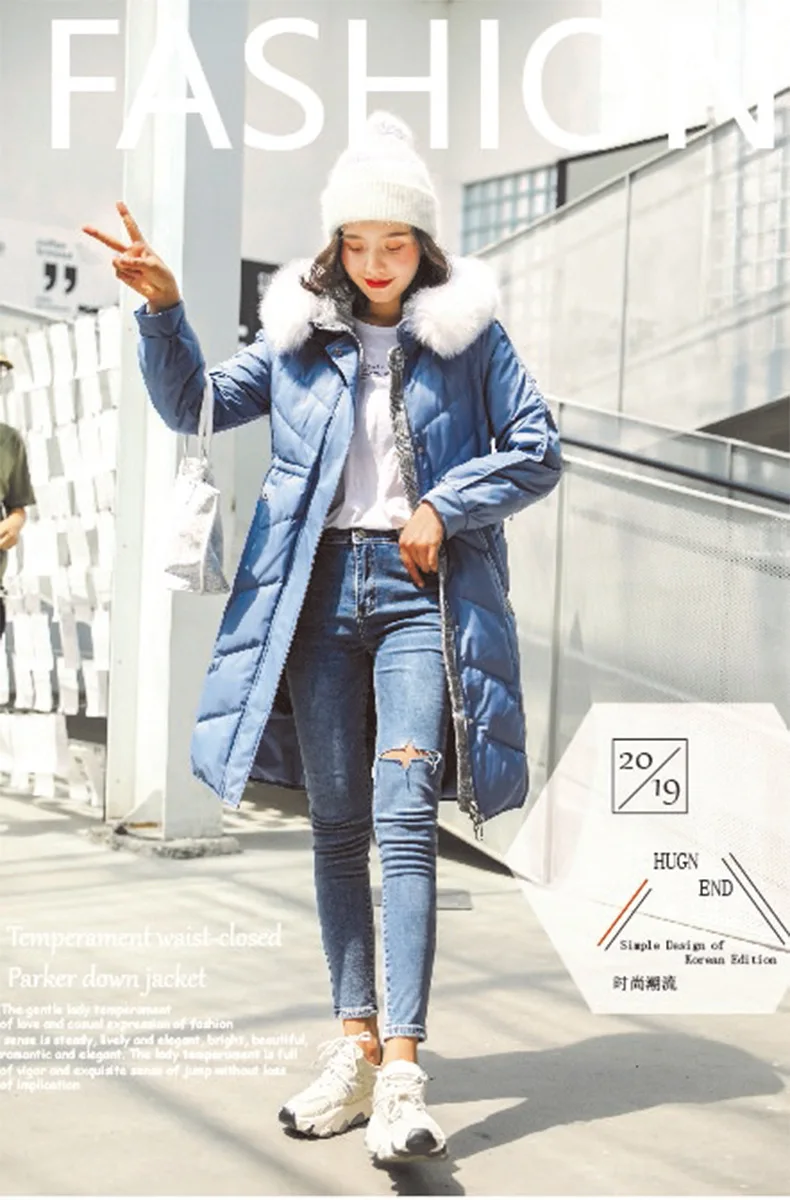 Пуховик женский средней длины толстый стиль корейский стиль приталенный модный Лисий большой меховой воротник стильная куртка Паркера