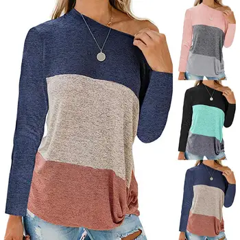 

Casual Loose Contrast Color Block Twist Knot One Shoulder Women Long Sleeve T-Shirt Loose Top