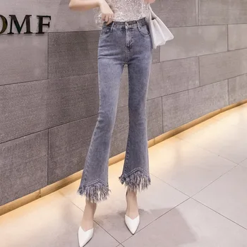 

Best Selling Authentic Women's Jeans Flared Pants Female Spring And Autumn 2019 New With Diamonds Thin Tassel Nine Pants L3200