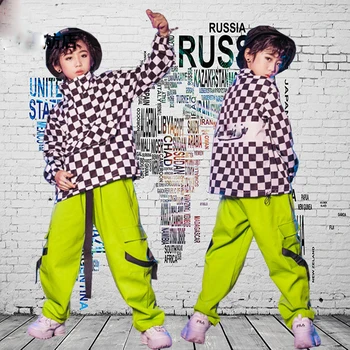 

New Modern Dance Hip Hop Dancing Clothes For Kids Plaid Jacket Overalls Green Pants Hiphop Suit Jazz Stree Dance Wear DQS4966