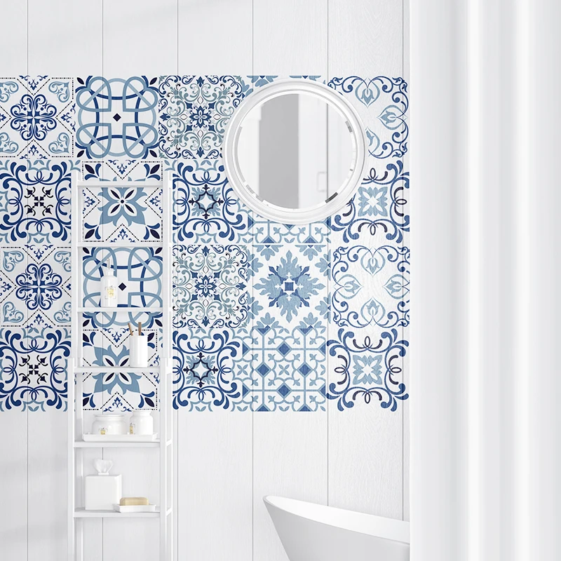

Mediterranean Style Flowers Pearl Film Tile Stickers Bathroom Living Room Waterproof PVC Wall Stickers kitchen wall stickers