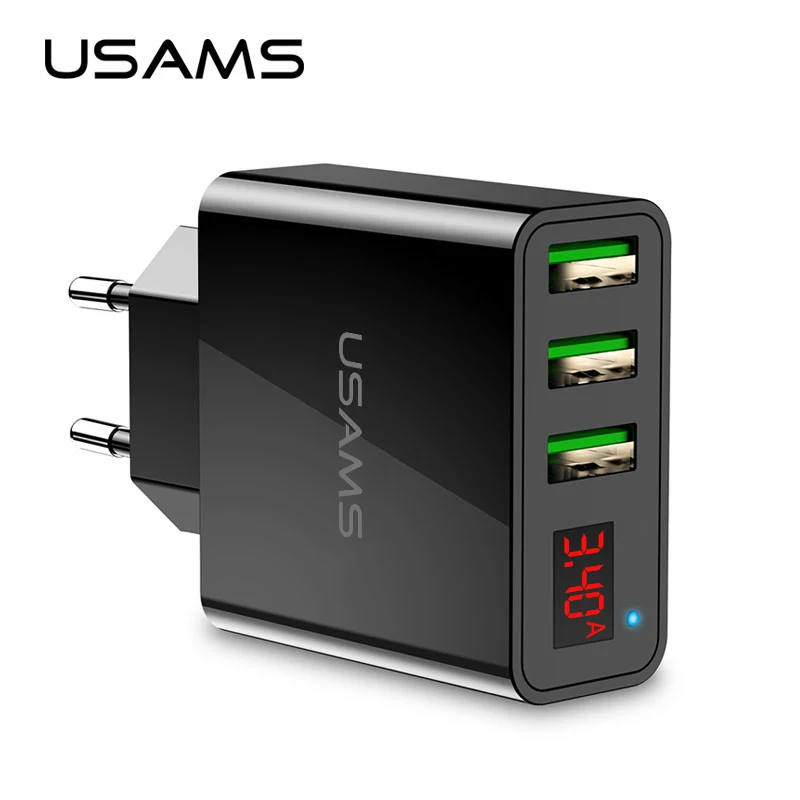 USAMS 3 USB Phone Charger Mobile Phone Charger LED Display Max 3A EU Wall Charger for iPhone Samsung Xiaomi Charger USB Adaptéry